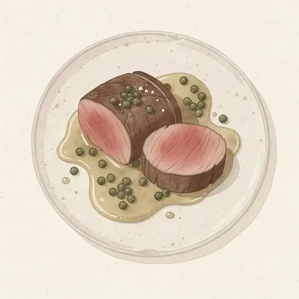 Beef tenderloin with green peppercorn sauce illustration
