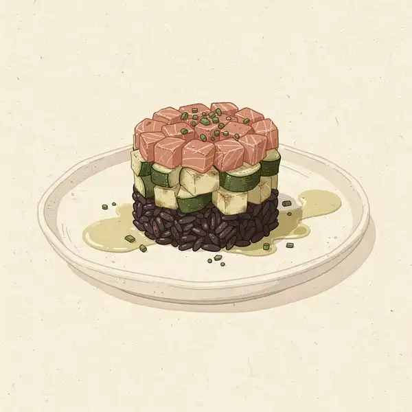 Black rice timbale with zucchini and tuna tartare illustration