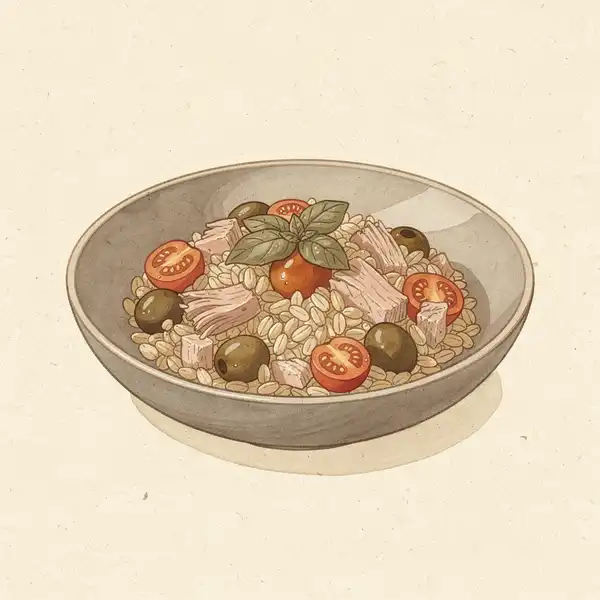 Farro with tuna, olives, and cherry tomatoes illustration