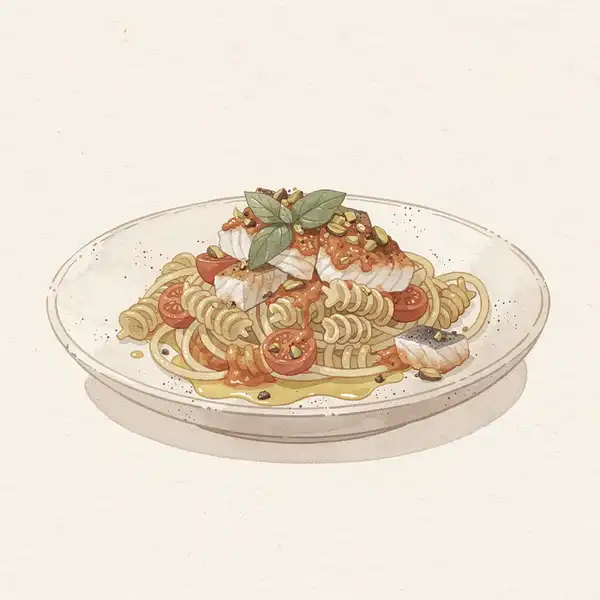 Fusilli with gilthead bream ragù illustration