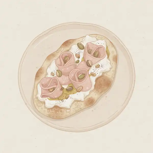 Pinsa with burrata, mortadella, and pistachios illustration