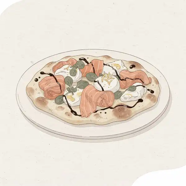 Pinsa with smoked salmon, burrata, lamb's lettuce, lemon, and balsamic glaze illustration