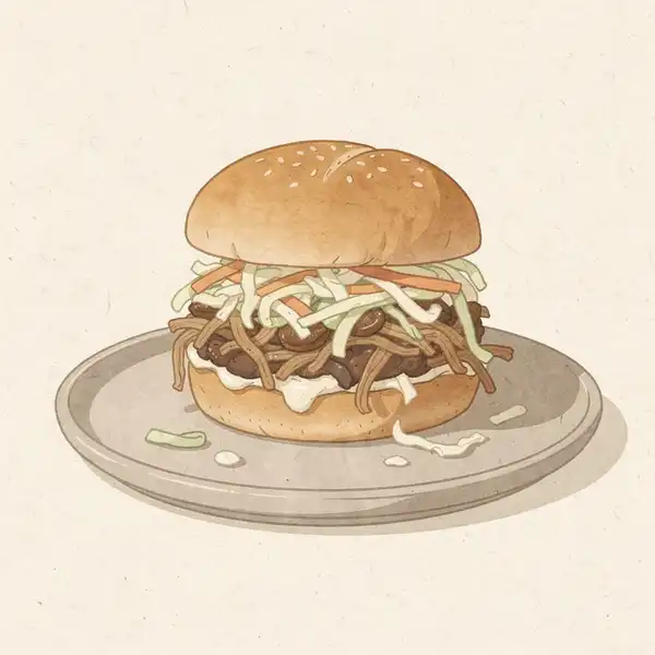 Pulled mushroom burger with coleslaw illustration