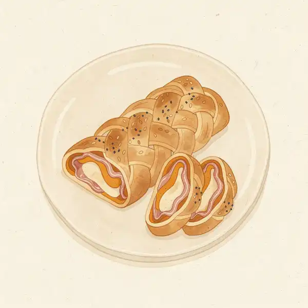 Pumpkin, speck, and provola strudel illustration