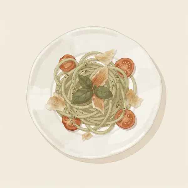 Spaghetti with pesto, cherry tomatoes, and mullet bottarga illustration