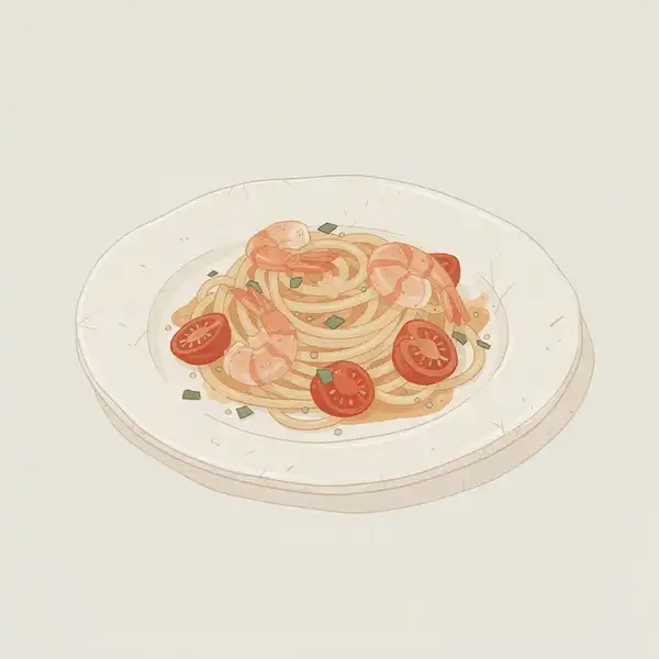 Spaghetti with shrimp and cherry tomatoes illustration