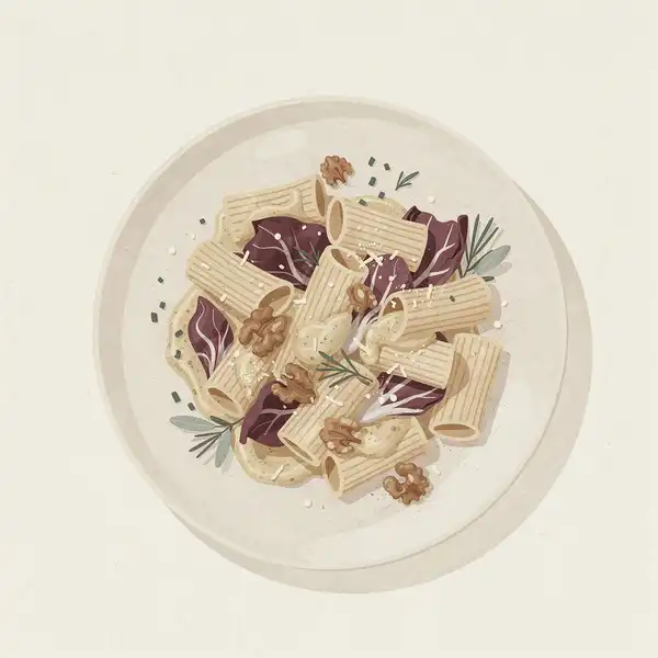Tortiglioni with radicchio and walnuts illustration