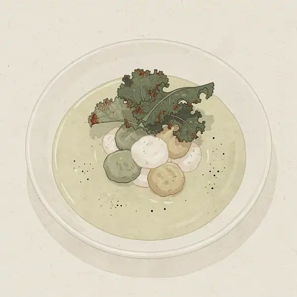 Two-tone cauliflower gnocchi with leek and potato soup and kale chips illustration
