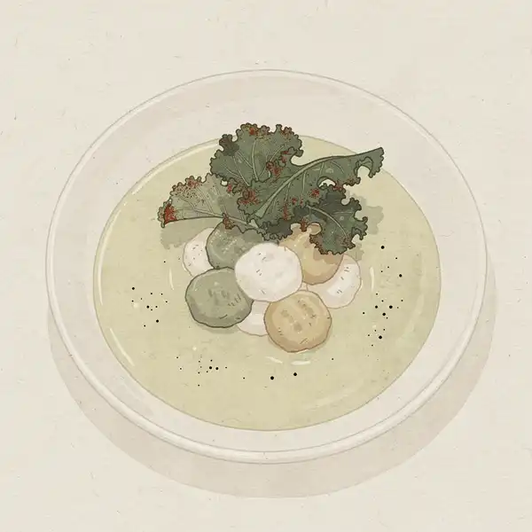 Two-tone cauliflower gnocchi with leek and potato soup and kale chips illustration